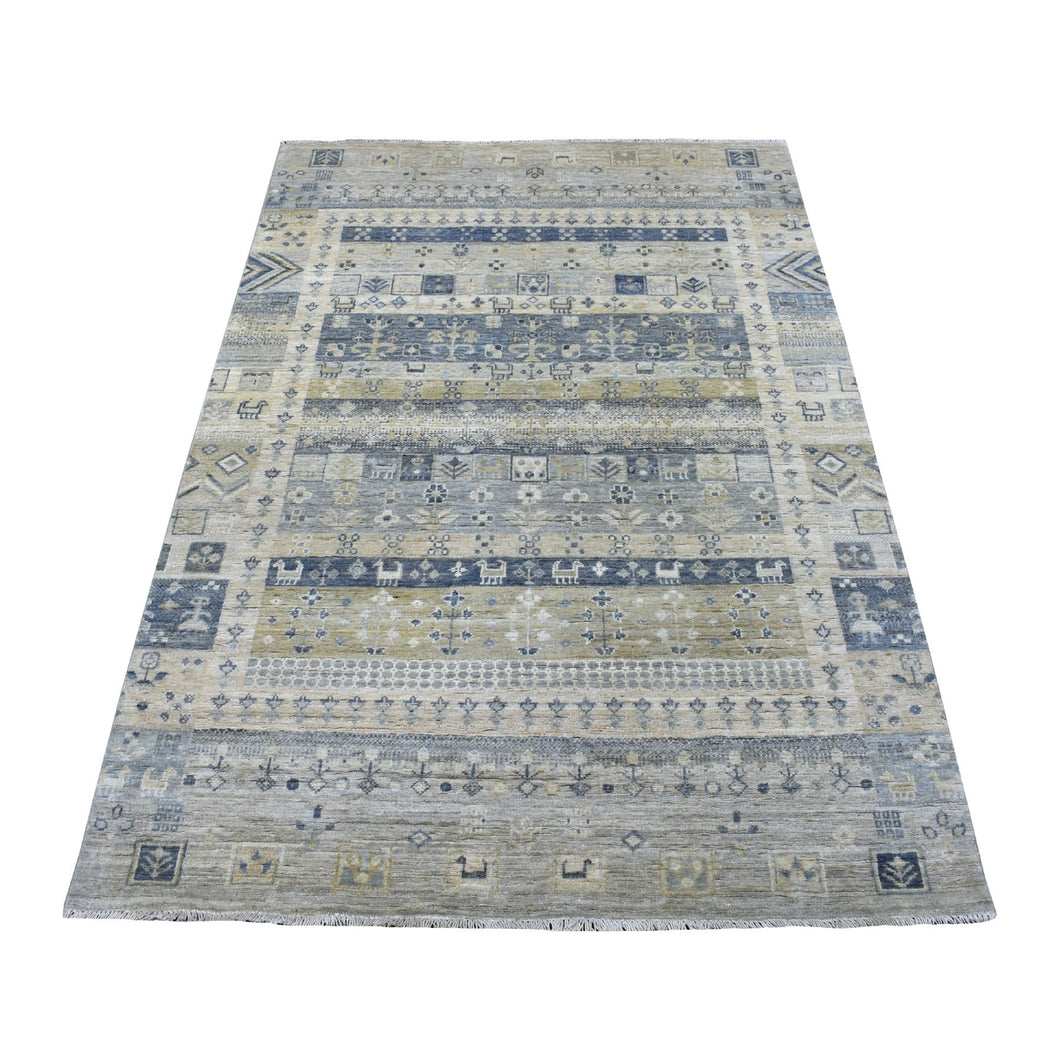 4'x6' Hand-Knotted Taupe Kashkuli Gabbeh With Small Animal Figurines Organic Wool Village Rug FWR338556