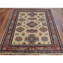 Load image into Gallery viewer, 4&#39;x5&#39;7&quot; Ivory Special Kazak Geometric Design Pure Wool Hand Knotted Oriental Rug FWR342426