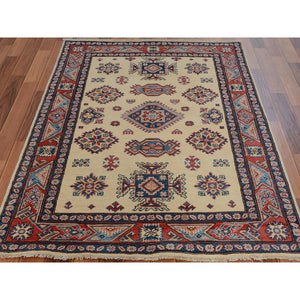 4'x5'7" Ivory Special Kazak Geometric Design Pure Wool Hand Knotted Oriental Rug FWR342426