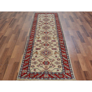 2'9"x9'3" Ivory Special Kazak Geometric Design Pure Wool Hand Knotted Runner Oriental Rug FWR342528