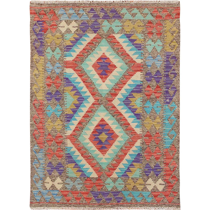 3'x4' Colorful Reversible Geometric Design Afghan Kilim Flat Weave Pure Wool Hand Woven Oriental Rug FWR345432