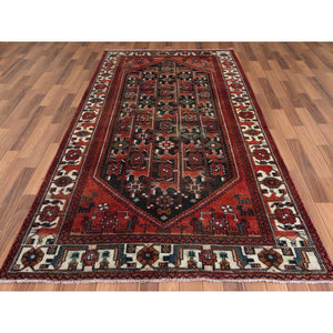 5'x9'10" Semi Antique Hand Knotted Red Persian Hamadan Sheared Low Clean Organic Wool Shabby Chic Gallery Size Runner Oriental Rug FWR347880