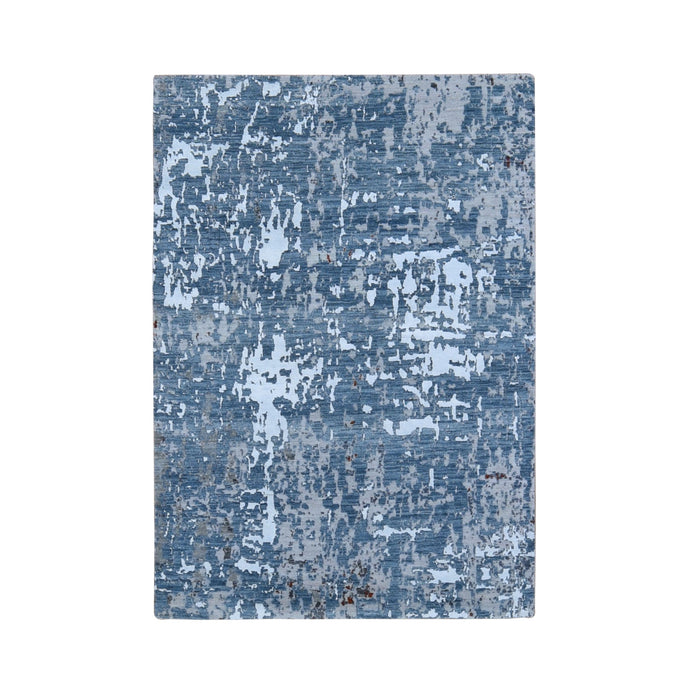 4'x6' Gray Abstract Design Wool And Silk Hi-Low Pile Denser Weave Hand Knotted Oriental Rug FWR354492