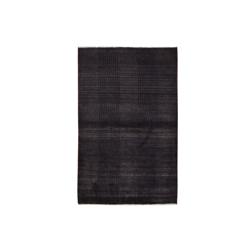 4'x6' Charcoal Brown Wool and Silk Tone on Tone Nepali Hand Knotted Oriental Rug FWR357570