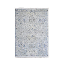 Load image into Gallery viewer, 4&#39;x6&#39; Blue Pure Silk with Textured Wool Distressed Oushak Hand Knotted Oriental Rug FWR358500