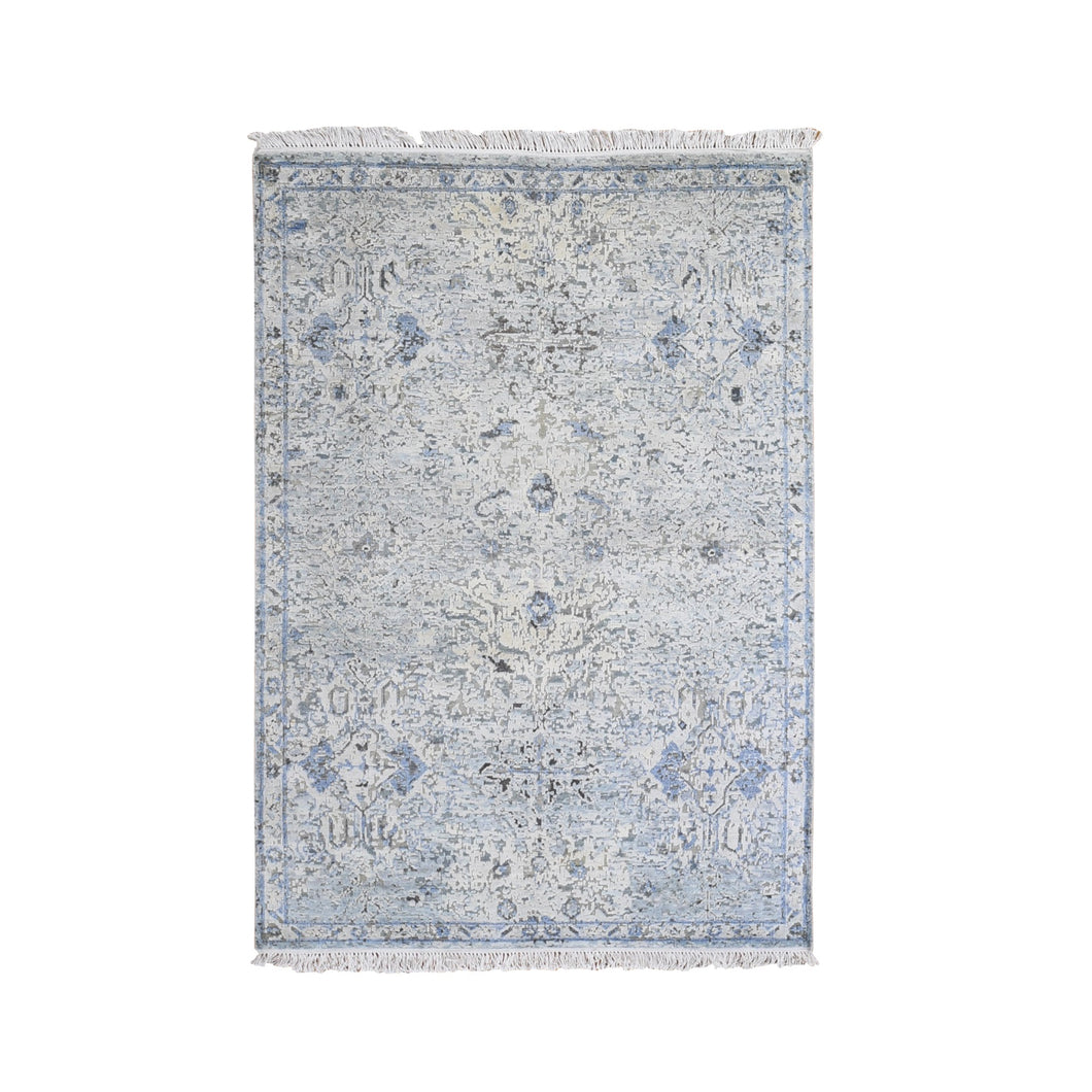 4'x6' Blue Pure Silk with Textured Wool Distressed Oushak Hand Knotted Oriental Rug FWR358500