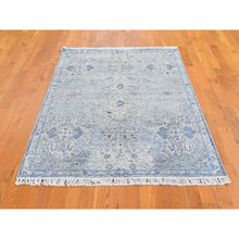 Load image into Gallery viewer, 4&#39;x6&#39; Blue Pure Silk with Textured Wool Distressed Oushak Hand Knotted Oriental Rug FWR358500