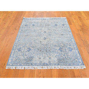 4'x6' Blue Pure Silk with Textured Wool Distressed Oushak Hand Knotted Oriental Rug FWR358500