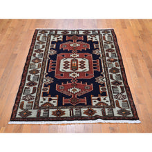 Load image into Gallery viewer, 4&#39;3&quot;x6&#39;4&quot; Midnight Blue New Persian Hamadan Geometric Design Pure Wool Hand Knotted Oriental Rug FWR358764