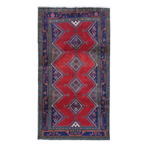 5'1"x9'4" New Persian Hamadan Geometric Medallion and Red Open Field Pure Wool Hand Knotted Oriental Rug FWR359178