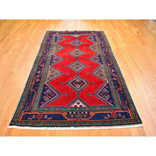 Load image into Gallery viewer, 5&#39;1&quot;x9&#39;4&quot; New Persian Hamadan Geometric Medallion and Red Open Field Pure Wool Hand Knotted Oriental Rug FWR359178