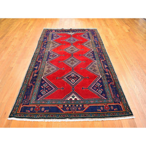 5'1"x9'4" New Persian Hamadan Geometric Medallion and Red Open Field Pure Wool Hand Knotted Oriental Rug FWR359178