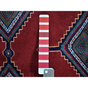 5'1"x9'4" New Persian Hamadan Geometric Medallion and Red Open Field Pure Wool Hand Knotted Oriental Rug FWR359178