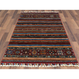 3'4"x5' Pure Wool Red With Colorful Tassles Hand Knotted Super Kazak Khorjin Design Oriental Rug FWR361572