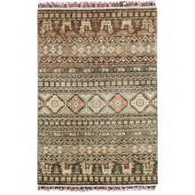 Load image into Gallery viewer, 4&#39;x5&#39;9&quot; Green With Colorful Tassles Hand Knotted Super Kazak Khorjin Design Natural Wool Oriental Rug FWR361620