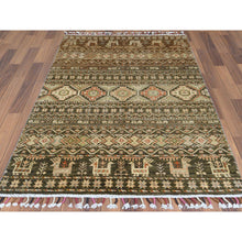 Load image into Gallery viewer, 4&#39;x5&#39;9&quot; Green With Colorful Tassles Hand Knotted Super Kazak Khorjin Design Natural Wool Oriental Rug FWR361620