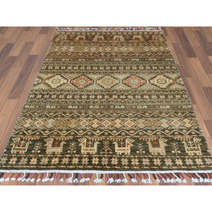 4'x5'9" Green With Colorful Tassles Hand Knotted Super Kazak Khorjin Design Natural Wool Oriental Rug FWR361620