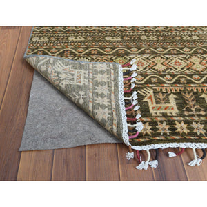 4'x5'9" Green With Colorful Tassles Hand Knotted Super Kazak Khorjin Design Natural Wool Oriental Rug FWR361620