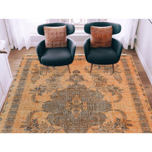 Load image into Gallery viewer, 6&#39;1&quot;x9&#39;6&quot; Semi Antique Orange Cast Persian Tabriz with Open Field Design Hand Knotted Distressed Look Clean Organic Wool Oriental Rug FWR365442