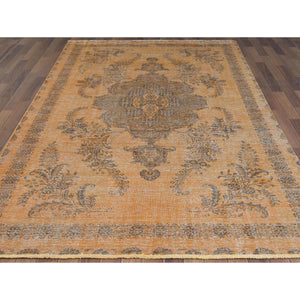 6'1"x9'6" Semi Antique Orange Cast Persian Tabriz with Open Field Design Hand Knotted Distressed Look Clean Organic Wool Oriental Rug FWR365442