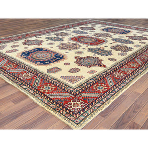 10'x13'8" Ivory, Afghan Special Kazak with Caucasian Design, Organic Wool, Hand Knotted, Oriental Rug FWR369228