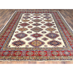 8'8"x11'10" Hand Knotted Ivory Afghan Super Kazak with Geometric Design Shiny Wool Oriental Rug FWR369912