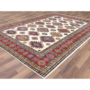 8'8"x11'10" Hand Knotted Ivory Afghan Super Kazak with Geometric Design Shiny Wool Oriental Rug FWR369912