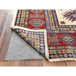 8'8"x11'10" Hand Knotted Ivory Afghan Super Kazak with Geometric Design Shiny Wool Oriental Rug FWR369912