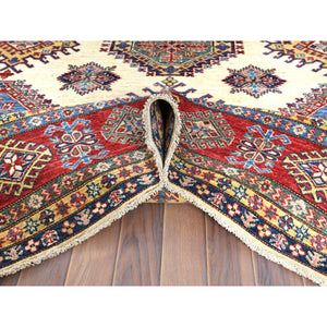 8'8"x11'10" Hand Knotted Ivory Afghan Super Kazak with Geometric Design Shiny Wool Oriental Rug FWR369912