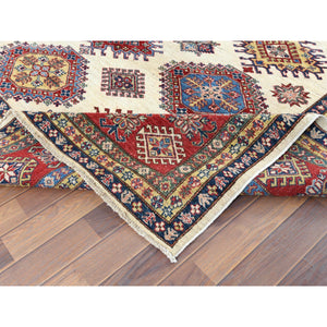 8'8"x11'10" Hand Knotted Ivory Afghan Super Kazak with Geometric Design Shiny Wool Oriental Rug FWR369912