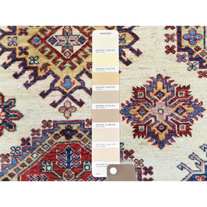 8'8"x11'10" Hand Knotted Ivory Afghan Super Kazak with Geometric Design Shiny Wool Oriental Rug FWR369912