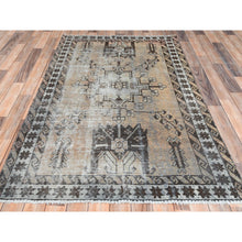 Load image into Gallery viewer, 3&#39;10&quot;x6&#39; Beige, Sheared Low Distressed Look Worn Wool, Hand Knotted Vintage Persian Shiraz, Oriental Rug FWR371706