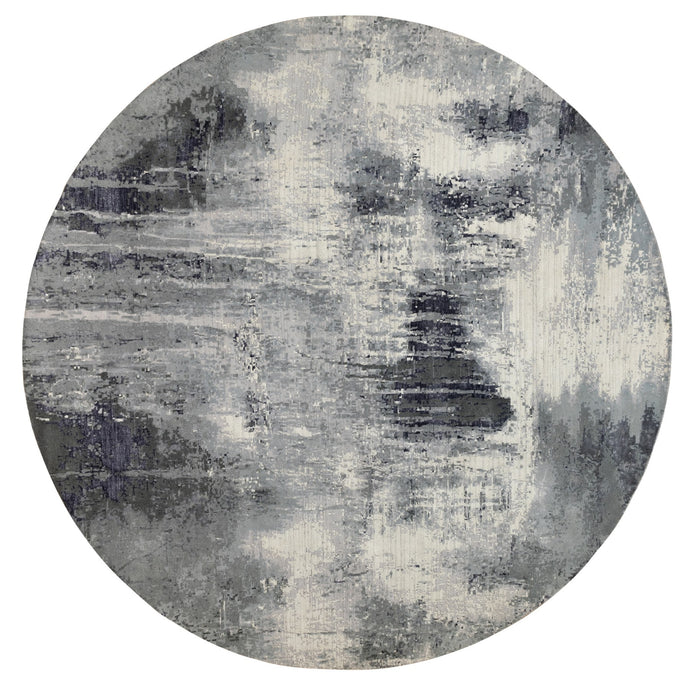 12'x12' Charcoal Black with Gray Abstract Design Wool and Silk Hand Knotted Oriental Round Rug FWR372600