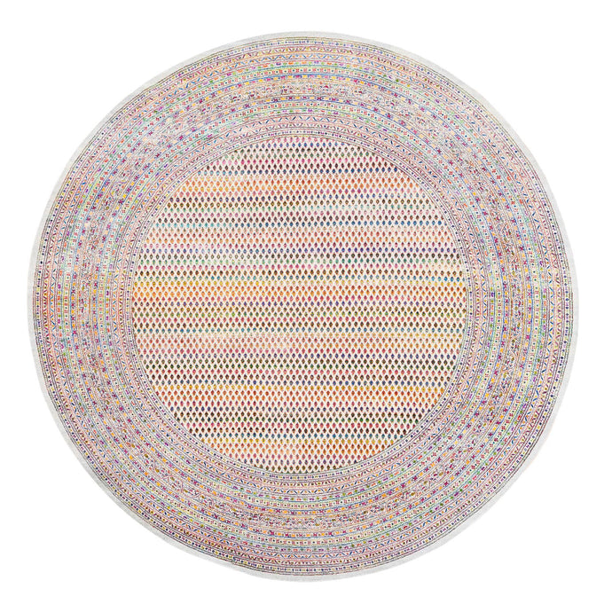 12'x12' Round Colorful Wool And Sari Silk Sarouk Mir Inspired With Multiple Borders Hand Knotted Oriental Rug FWR373926