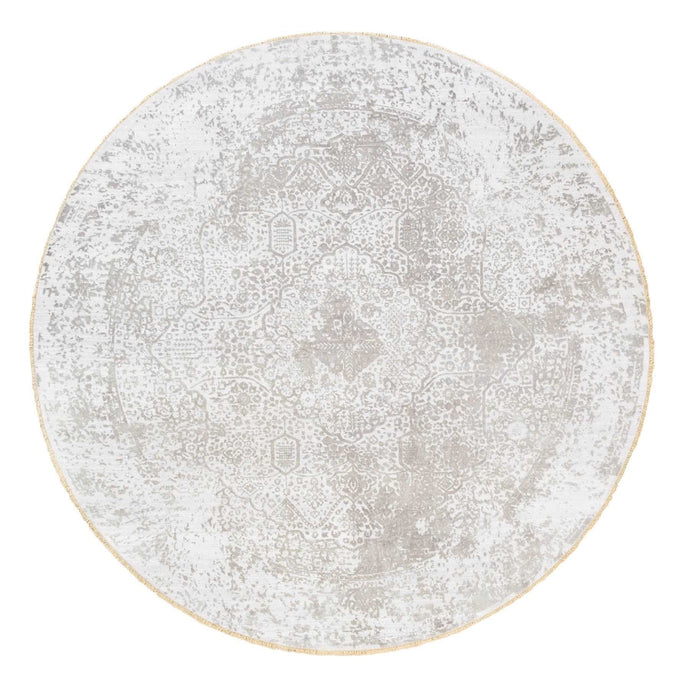 10'x10' Round Grey Broken Persian Design Wool And Pure Silk Hand Knotted Oriental Rug FWR374208