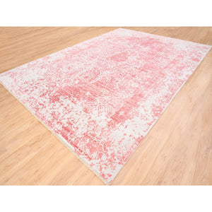 10'x14' Hand Knotted Pink Broken Persian Design Wool And Pure Silk Oriental Rug FWR374220