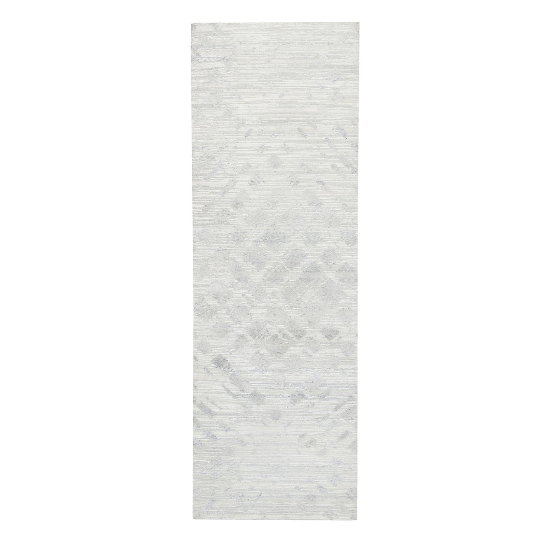 4'x12' Modern Hand Spun Undyed Natural Wool Cut And Loop Pile Hand Knotted Ivory with Gray Oriental Wide Runner Rug FWR377436