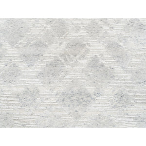 4'x12' Modern Hand Spun Undyed Natural Wool Cut And Loop Pile Hand Knotted Ivory with Gray Oriental Wide Runner Rug FWR377436