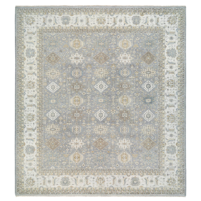 14'x16' Organic Wool Karajeh and Geometric Design Frost Gray Hand Knotted Oriental Oversized Squarish Rug FWR378408