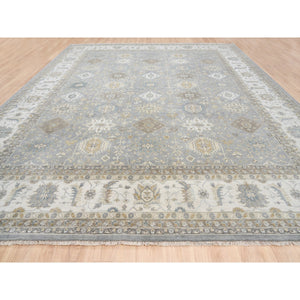 14'x16' Organic Wool Karajeh and Geometric Design Frost Gray Hand Knotted Oriental Oversized Squarish Rug FWR378408