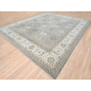 14'x16' Organic Wool Karajeh and Geometric Design Frost Gray Hand Knotted Oriental Oversized Squarish Rug FWR378408