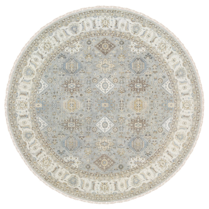 12'x12' Frost Gray Karajeh and Geometric Design Organic Wool Hand Knotted Oriental Round Rug FWR378414