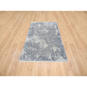 3'10"x6' Gray Broken Kashan Design Wool With Pure Silk Hand Knotted Oriental Rug FWR380898