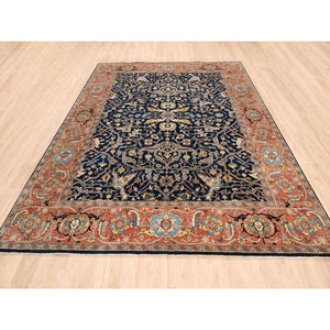 8'1"x10'1" Midnight Blue Antiqued Heriz Re-Creation with All Over Design Extra Soft Wool Hand Knotted Oriental Rug FWR381276