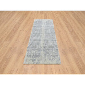 2'6"x8' Gray, Tone On Tone Transitional Erased Design, Jacquard Wool And Plant Based Silk, Hand Loomed, Oriental, Runner Rug FWR382566