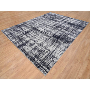 9'x11'10" Charcoal Black, Modern Erased Lines Design, Wool and Plant Based Silk, Hand Loomed, Oriental Rug FWR382956