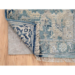 2'x3'1" Navy Blue, Broken Persian Heriz Erased Design, Hand Knotted, Wool and Silk, Mat Oriental Rug FWR383310