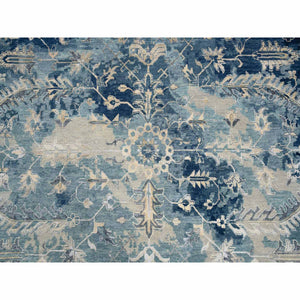 11'10"x11'10" Navy Blue, Broken Persian Heriz Erased Design Wool and Silk, Hand Knotted, Round Oriental Rug FWR383358