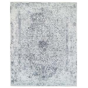 12'1"x15'1" Silver Gray, Wool and Pure Silk Hand Knotted, Erased Persian Design, Oversized Oriental Rug FWR384324