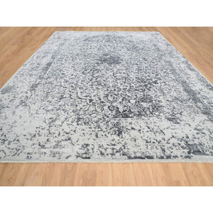 12'1"x15'1" Silver Gray, Wool and Pure Silk Hand Knotted, Erased Persian Design, Oversized Oriental Rug FWR384324